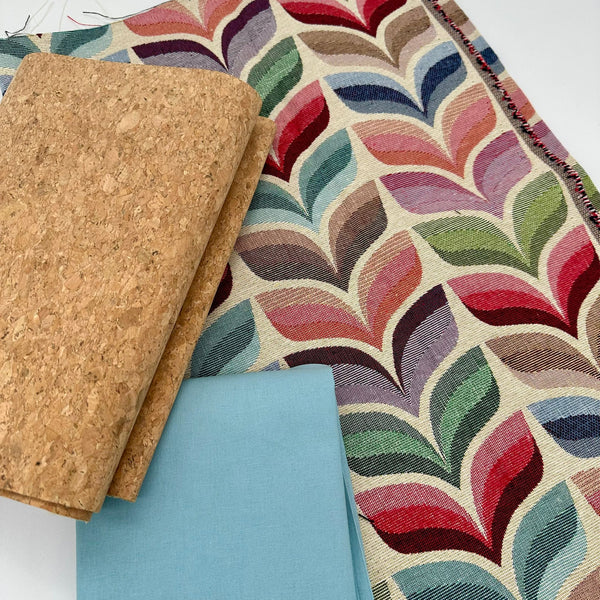 FABRIC TRIO: 1/2m Tapestry Fabric 'Silhouette' NWF002 + 1/2m Duckegg plain + LQ Large Grain Cork