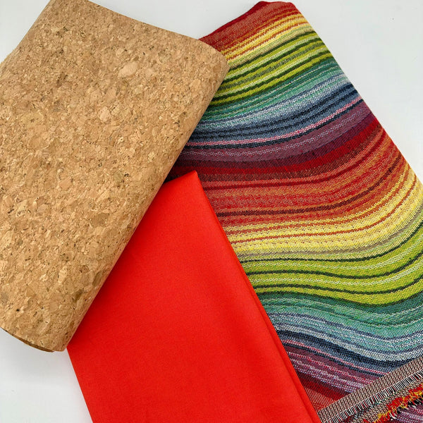 FABRIC TRIO: 1/2m Tapestry Fabric 'Rainbow' NWF032 + 1/2m Hot Tomato plain + LQ Large Grain Cork