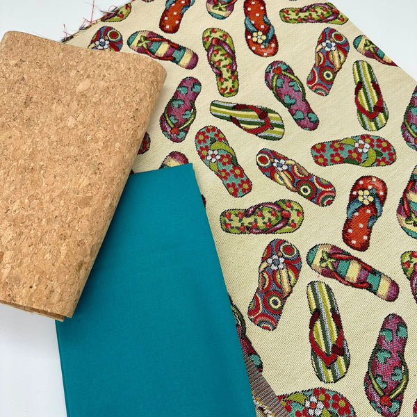 FABRIC TRIO: 1/2m Tapestry Fabric 'Flip Flop' NWT078 + 1/2m Baltic plain + LQ Large Grain Cork
