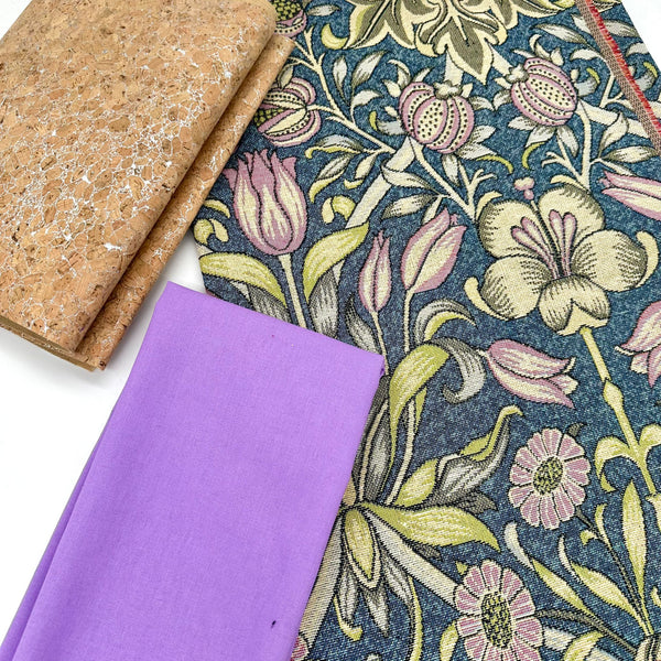 FABRIC TRIO: 1/2m Tapestry Fabric 'Lily & Pomegranate' Jewel NWW017 + 1/2m Lavender plain + LQ Silver Metallic Sparkle Cork