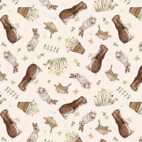 BOLT END SALE: Dawn Rosengren for Henry Glass & Co | You Are My Sunshine 'Bunny Toss' Cream 1461-43: Approx 1.2m