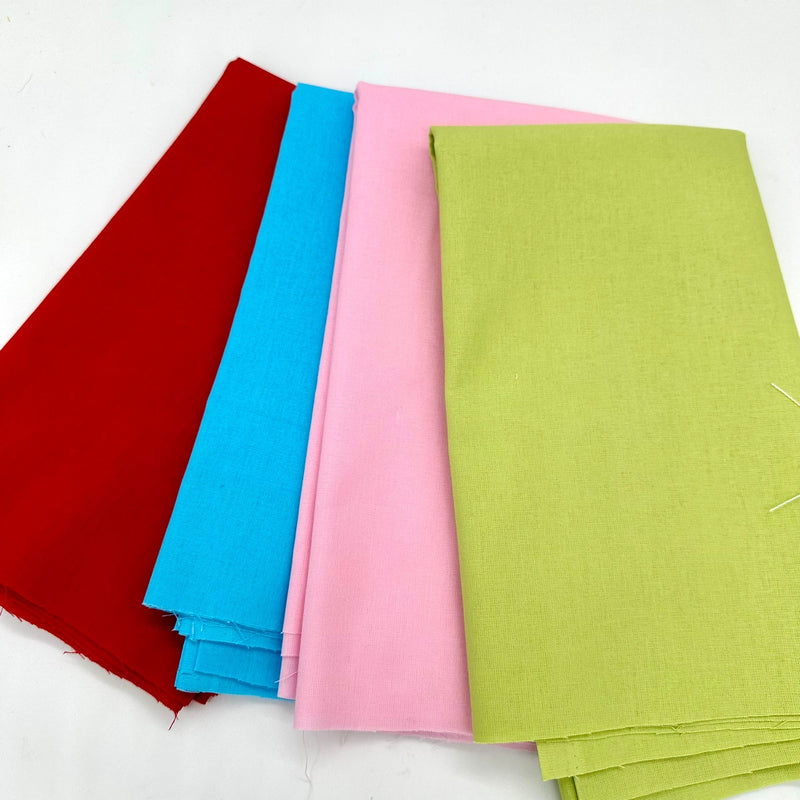 FABRIC BUNDLE: 4 x 1/2m 100% Cotton Plains to compliment 'Piemonte' Water-Repellent Canvas (Sky, Apple, Pink, Cardinal)