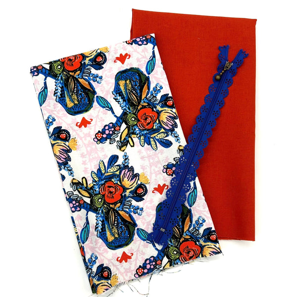2 x FQ + 20CM LACE ZIP: Kelli-May Krenz for Studio KM | Boho Blooms 'Blue Vases' with Paprika