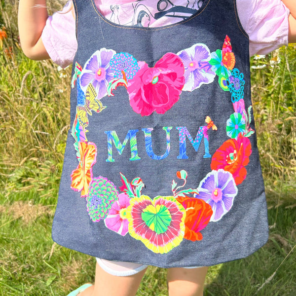 SAMPLE SALE: 26AX: Denim Tote with Kaffe Fassett Collective Floral "MUM" Appliqué