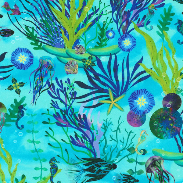 Robert Kaufman Fabrics | Oceanica by Christiane Marques 'Main Print' AQSD-22405-70 AQUA: by the 1/2m