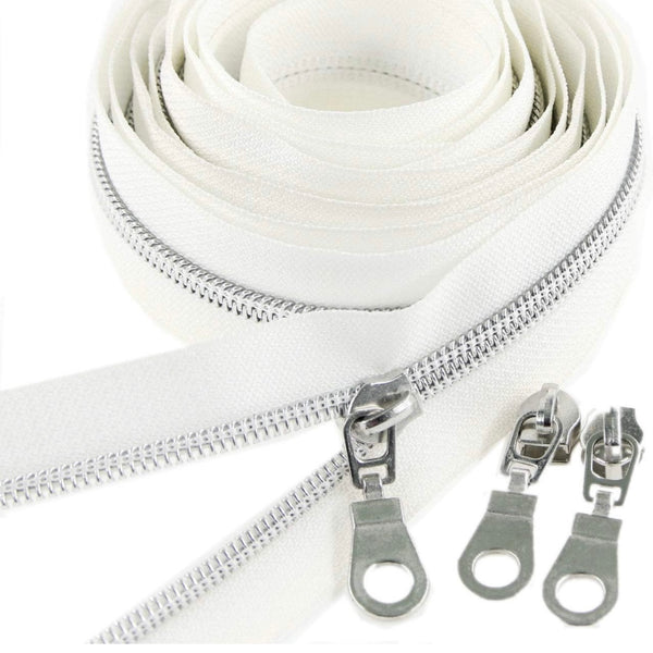 5 YARDS of Zipper Tape & 10 Zip Pulls: White with Silver