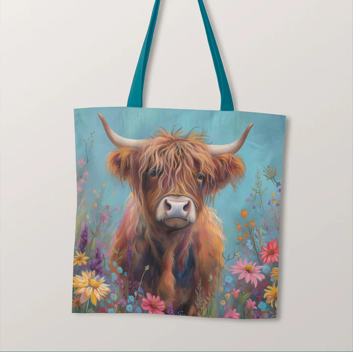 PRECUT PANEL: Waterproof Canvas TOTE BAG Panel: Approx 40cm x 45cm: Nellie the Highland Cow (Blue Background)