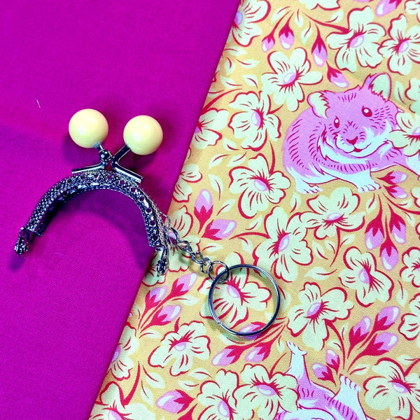 FABRIC + HARDWARE: 5cm Kiss Clasp Frame with Keyring: LQ Tula Pink | Besties 'Chubby Cheeks' Buttercup + Pomegranate