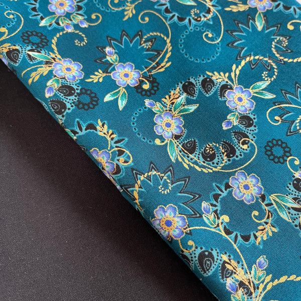 Half Metre Heaven: Robert Kaufman Fabrics | Jaikumari 'Floral' with Gold Metallic TEAL with Black CTO