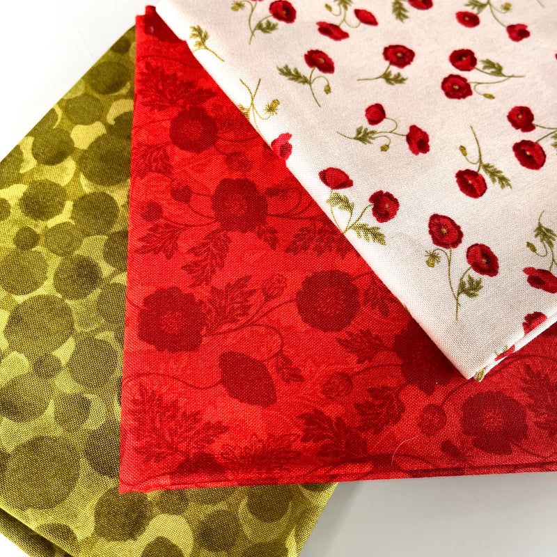 FABRIC KIT: Infinity Scarf: 3x FQ Lewis & Irene | 'Little Poppies' on Natural + 'Poppy Shadow' on Red + Bumbleberries' BB313 Olive
