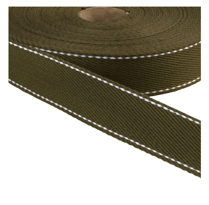 Webbing: 30mm Wide: Stitched Edge Design: Khaki Green: by the METRE