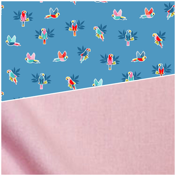 Half Metre Heaven: Makower | Pool Party 'Parrots' Blue 2443/B with Pink