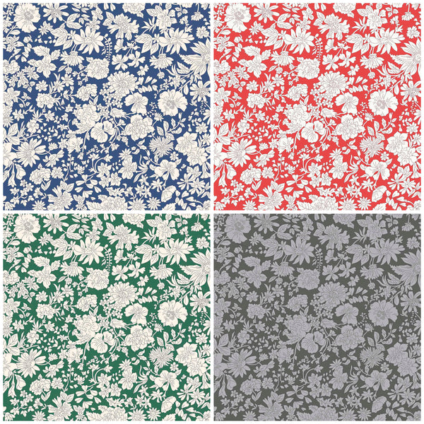 FAT QUARTER BUNDLE (XXL Size: Approx 20" x 54") x 4: Liberty 'Emily Blossom' CHARCOAL, CRIMSON, EVERGREEN, SAPPHIRE