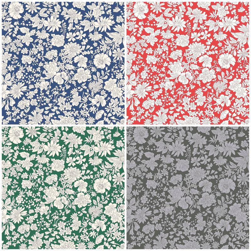 FAT QUARTER BUNDLE (XXL Size: Approx 20" x 54") x 4: Liberty 'Emily Blossom' CHARCOAL, CRIMSON, EVERGREEN, SAPPHIRE