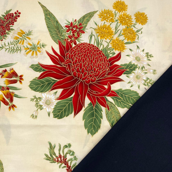 Leesa's Perfect Partners: 60cm Under The Australian Sun 'Large Waratahs' Red Ivory + 1/2m Black Plain + 1/2m Freezer Paper