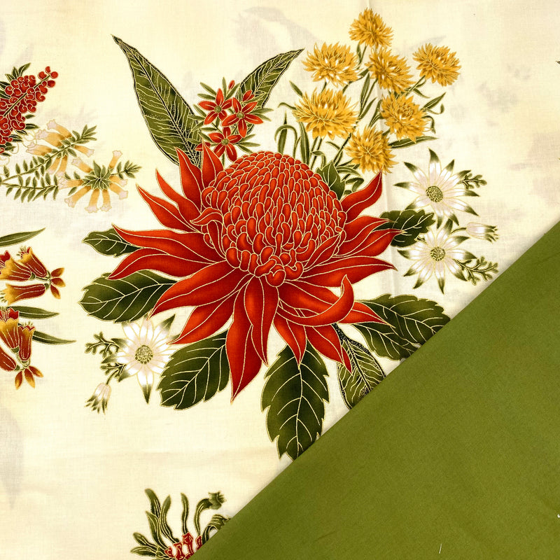 Leesa's Perfect Partners: 60cm Under The Australian Sun 'Large Waratahs' Orange Cream + 1/2m Sage Plain + 1/2m Freezer Paper