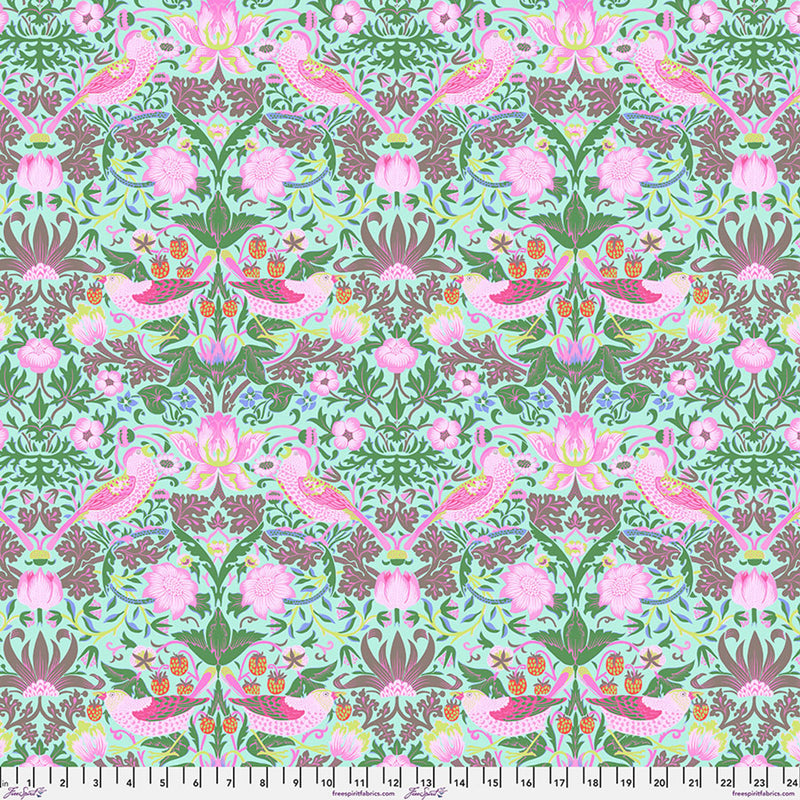 Half Metre Heaven: Kaffe Fassett x Morris & Co 'Strawberry Thief' PWKW013 Aqua with Mint Chambray
