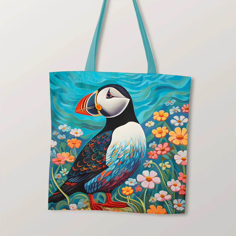 PRECUT PANEL: Waterproof Canvas TOTE BAG Panel: Approx 40cm x 45cm: Puffin and Flowers