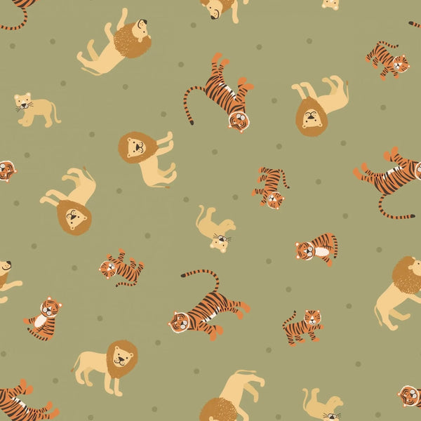 BOLT END SALE: Lewis & Irene | 'Small Things... Wild Animals: 'Lions & Tigers' on Green SM53.2: Approx 1.8m