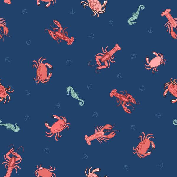 BOLT END SALE: Lewis & Irene | Small Things... Coastal: 'Crab, Lobster & Seahorses' on Dark Blue - SM58.3: Approx 2m