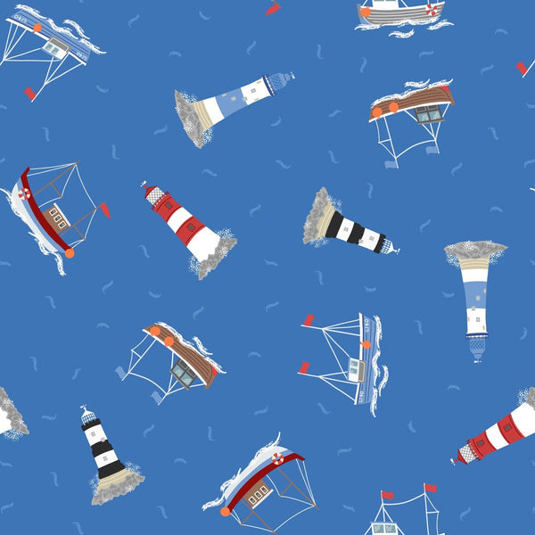 Lewis & Irene | Small Things... Coastal: 'Boats & Lighthouses' on Bright Blue - SM59.2: by the 1/2m