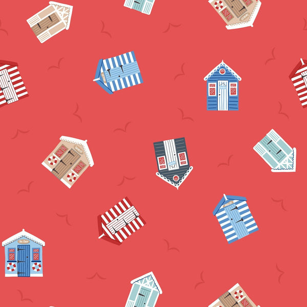 Lewis & Irene | Small Things... Coastal: 'Beach Huts' on Light Red - SM61.2: by the 1/2m