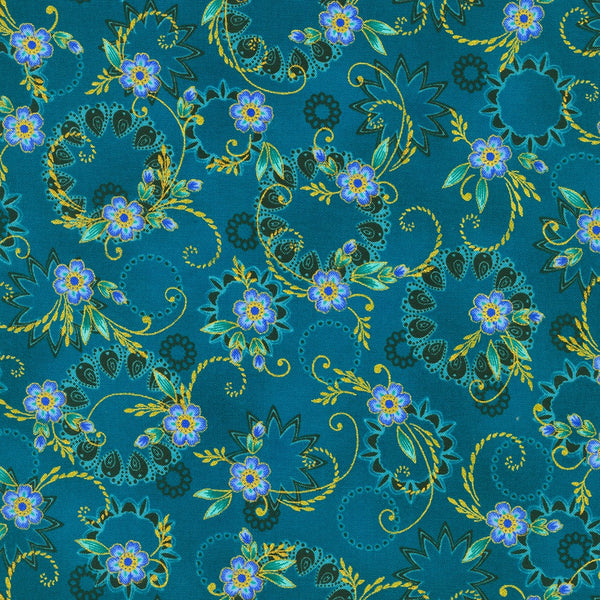 Half Metre Heaven: Robert Kaufman Fabrics | Jaikumari 'Floral' with Gold Metallic TEAL with Black CTO