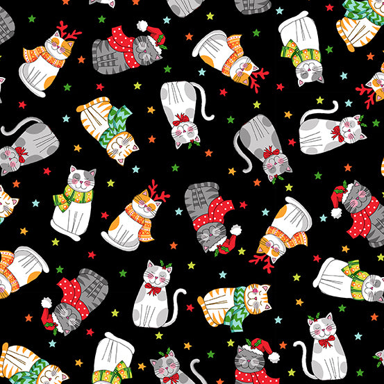 Half Metre Heaven: Makower | Santa Paws 'Christmas Cats Scatter' Black 2476/X with Emerald