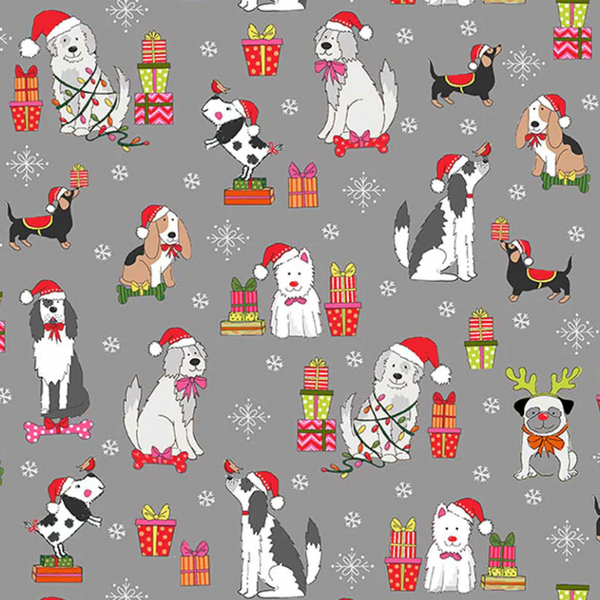 Makower | Yappy Christmas 'Yappy Dog Christmas Scatter' Grey 2365/S: by the 1/2m