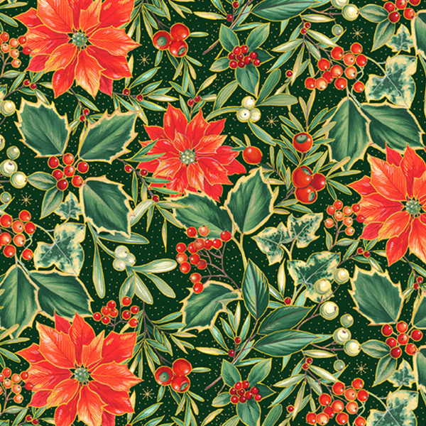 Makower | Festive Foliage 'Poinsettia' Green with Gold Metallic 2489/G: by the 1/2m