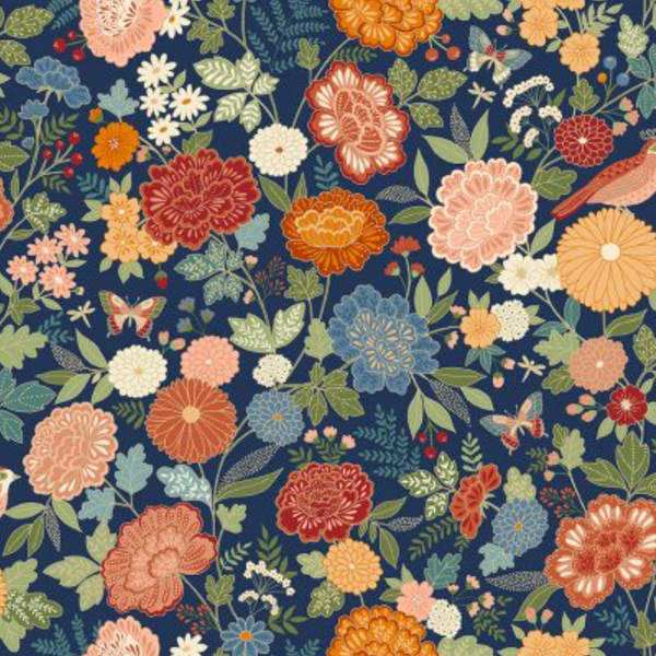 BOLT END SALE: Makower | Luxe 'Large Floral' Navy 2610/B: Approx 1.9m