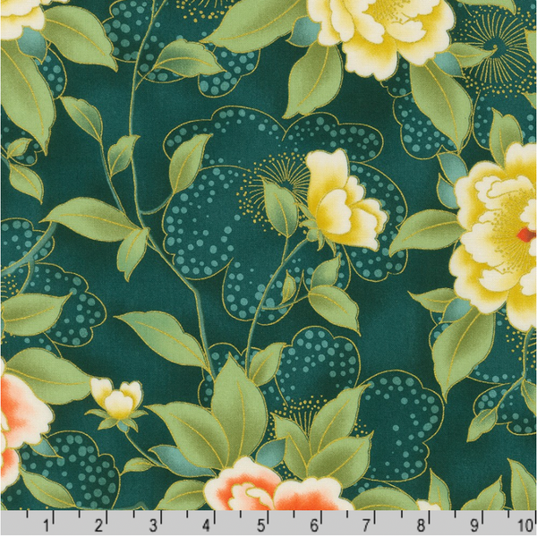 Robert Kaufman Fabrics | Imperial Collection Honoka: 'Peony' Teal SRKM-21931-213: by the 1/2m
