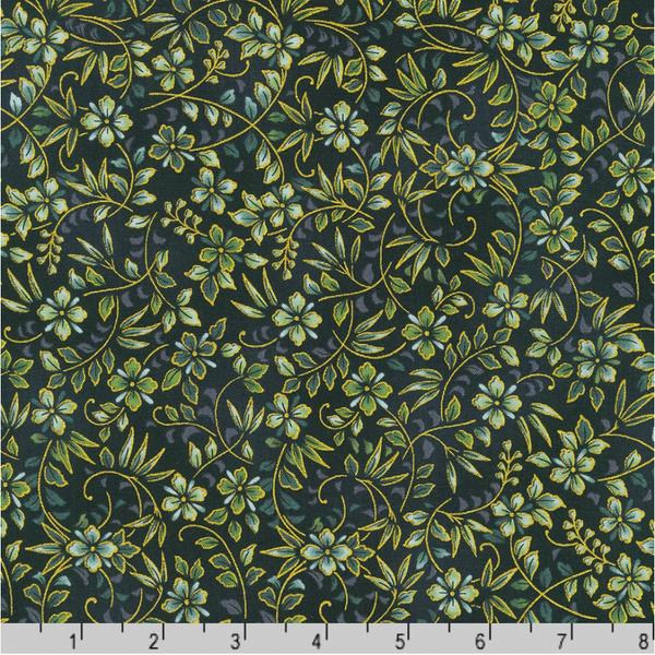 BOLT END PIECE: Robert Kaufman Fabrics | Imperial Collection Honoka: 'Flowers and Foliage' Black SRKM-21936-2: Approx 1.48m