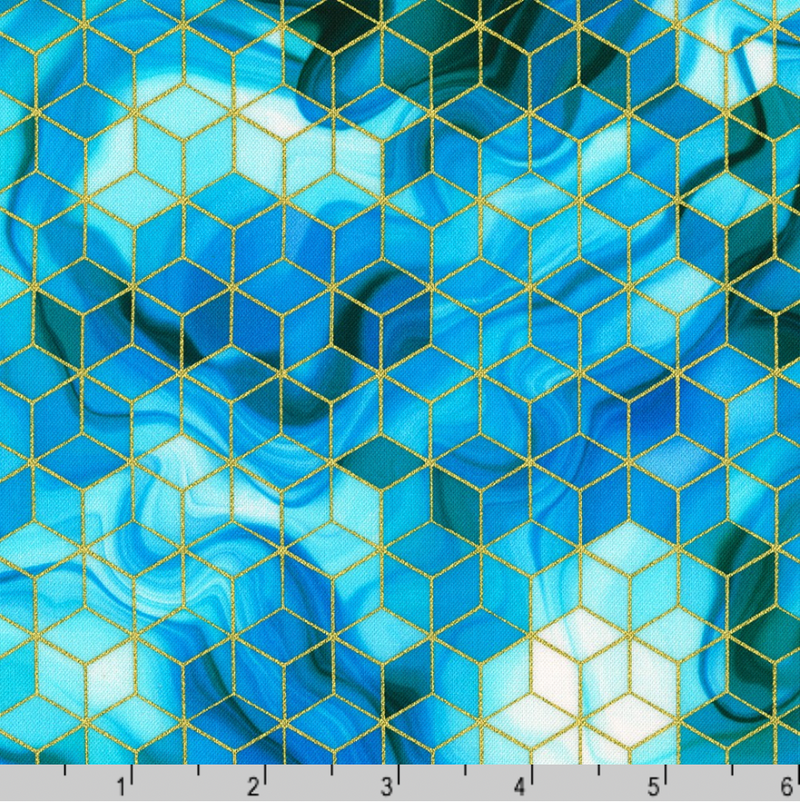 BOLT END SALE: Robert Kaufman Fabrics | Golden Vibes 'Waves and Blocks' AINDM-22740-246 WATER: Approx 2.3m
