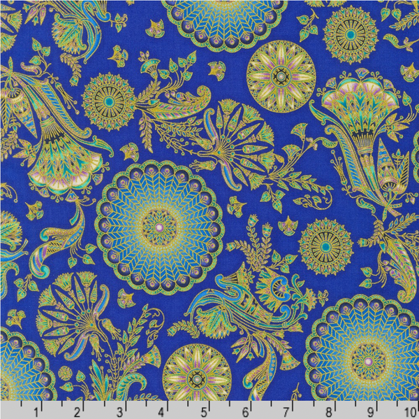 Robert Kaufman Fabrics | Ancient Beauty 'Circle Flowers' SRKM-22113-74 SAPPHIRE: by the 1/2m