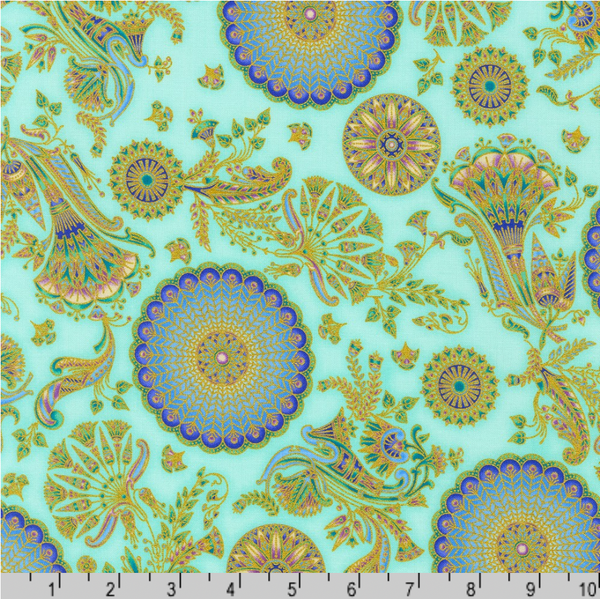 Robert Kaufman Fabrics | Ancient Beauty 'Circle Flowers' SRKM-22113-70 AQUA: by the 1/2m