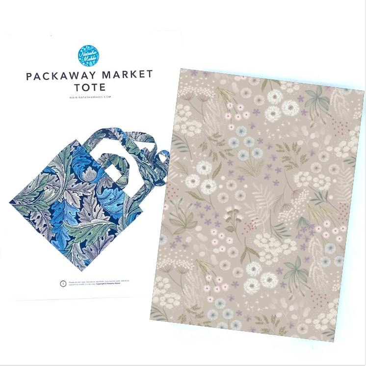 KIT with Packaway Market Tote Instructions: 1/2m Lewis & Irene 108" Wide Widths W6 'Meadow Flowers' on Natural
