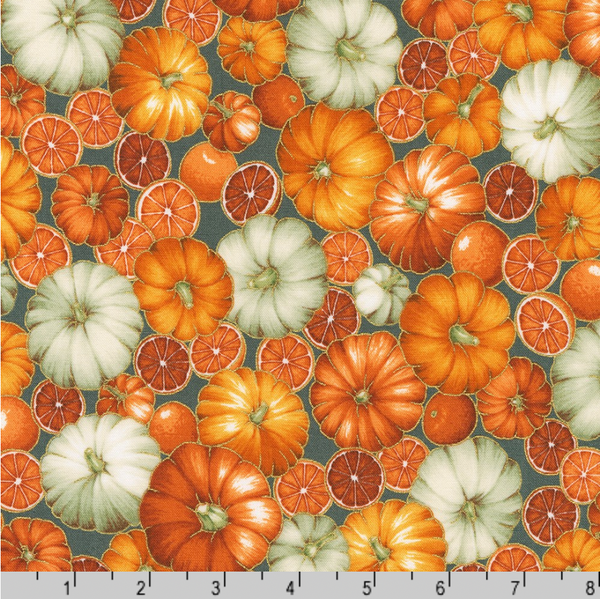 Robert Kaufman Fabrics | Sweet Pumpkin Spice 'Pumpkins' with Gold Metallic SRKM-22322-385 EUCALYPTUS: by the 1/2m