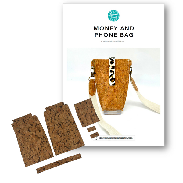PRECUT MAKES: Money and Phone Bag: PRINTED INSTRUCTIONS + DARK GRAIN CORK