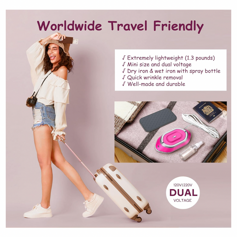 Travel Iron - Mini Iron with Dual Voltage 220V/120V: Hot Pink