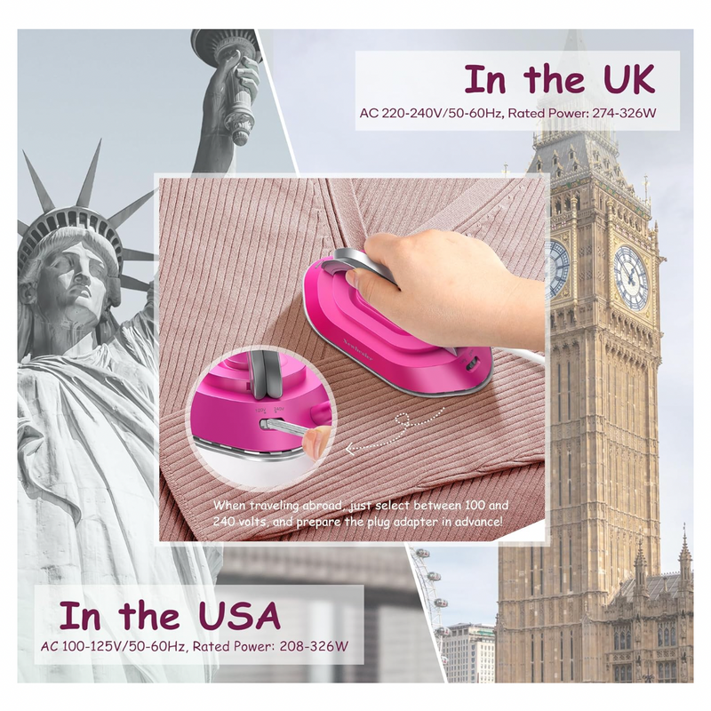 Travel Iron - Mini Iron with Dual Voltage 220V/120V: Hot Pink