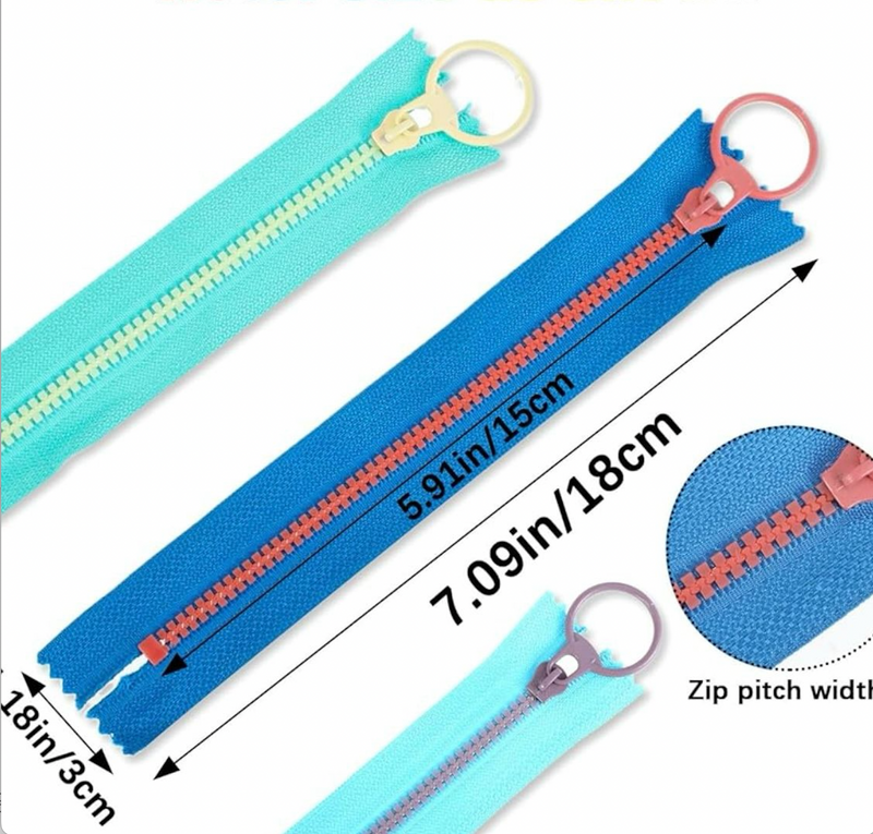ZIP BUNDLE: 10-Piece Assorted 15cm Colourful Nylon Resin Zippers with Contrast Teeth and Round / Ring Pull