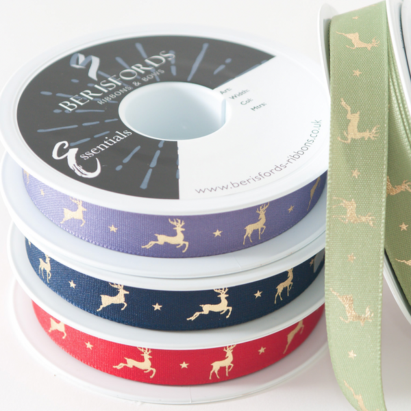 Berisfords Ribbon | 'Reindeer Flight': 4 x 1m lengths: Red/Gold, Khaki/Gold, Navy/Gold, Mulberry/Gold