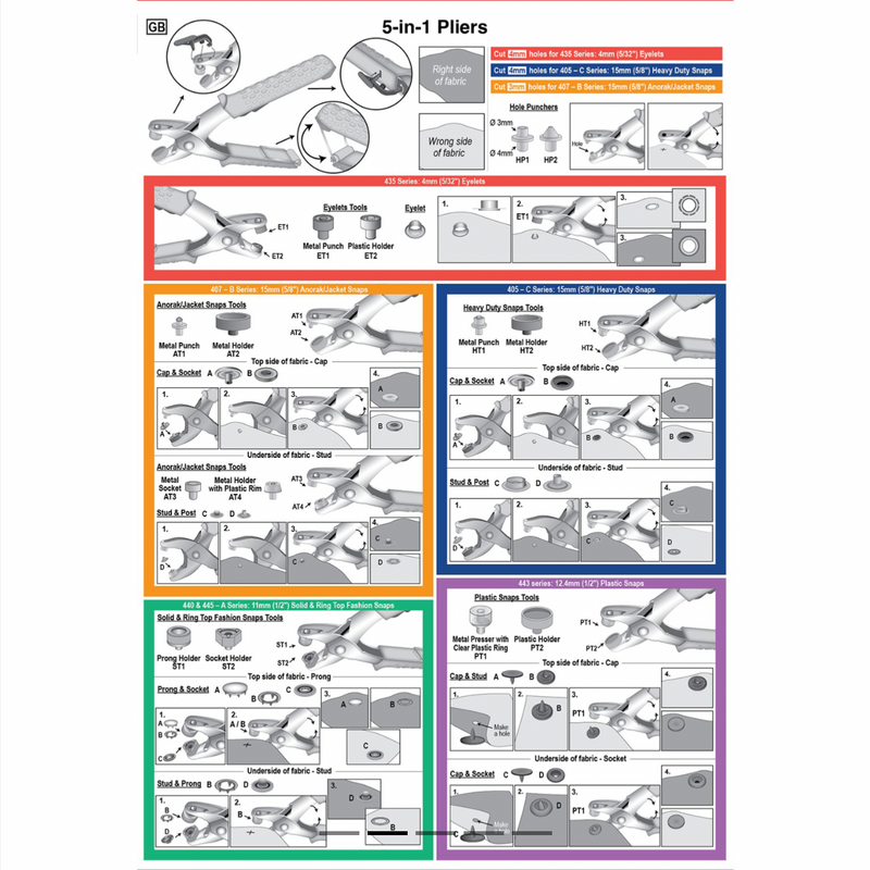 HEMLINE: 5-in-1 Pliers Set H4422 (for Heavy Duty Snaps, Eyelets, Plastic Snaps, Solid & Ring Top Fashion Snaps, Anorak/Jacket Snaps)