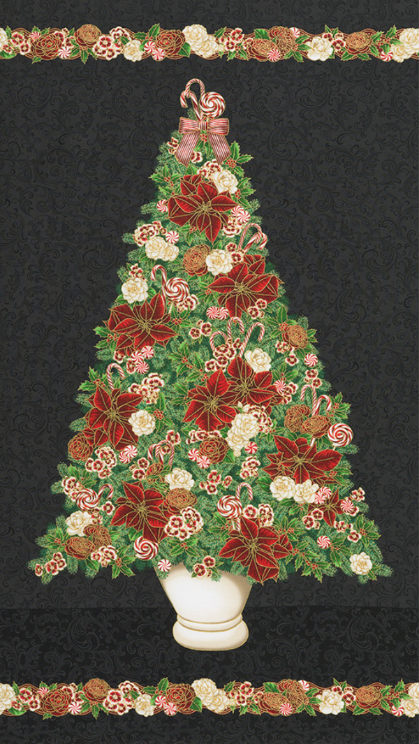Robert Kaufman Fabrics | Holiday Flourish Peppermint Twist 'Panel' AWHDM-22944-2 BLACK: Approx 60cm