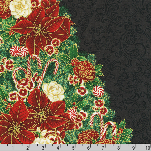 Robert Kaufman Fabrics | Holiday Flourish Peppermint Twist 'Panel' AWHDM-22944-2 BLACK: Approx 60cm