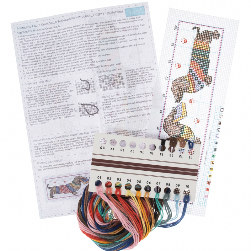 TRIMITS: Printed No Count Cross Stitch Bookmark Kit: Dachshund in Jumper