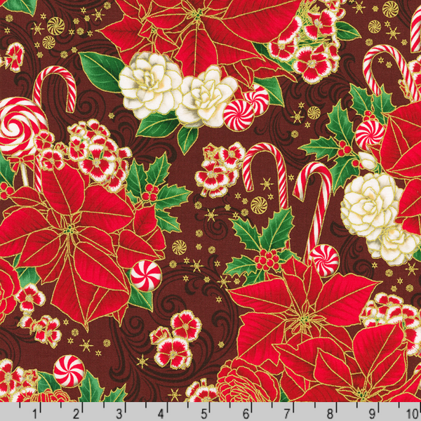 Robert Kaufman Fabrics | Holiday Flourish Peppermint Twist 'Festive Bouquet' SRKM-22945-113 CRANBERRY: by the 1/2m