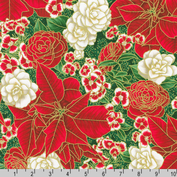 Robert Kaufman Fabrics | Holiday Flourish Peppermint Twist 'Large Floral' SRKM-22946-274 PINE: by the 1/2m