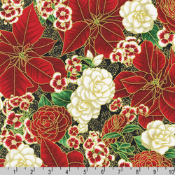 Robert Kaufman Fabrics | Holiday Flourish Peppermint Twist 'Large Floral' SRKM-22946-2 BLACK: by the 1/2m
